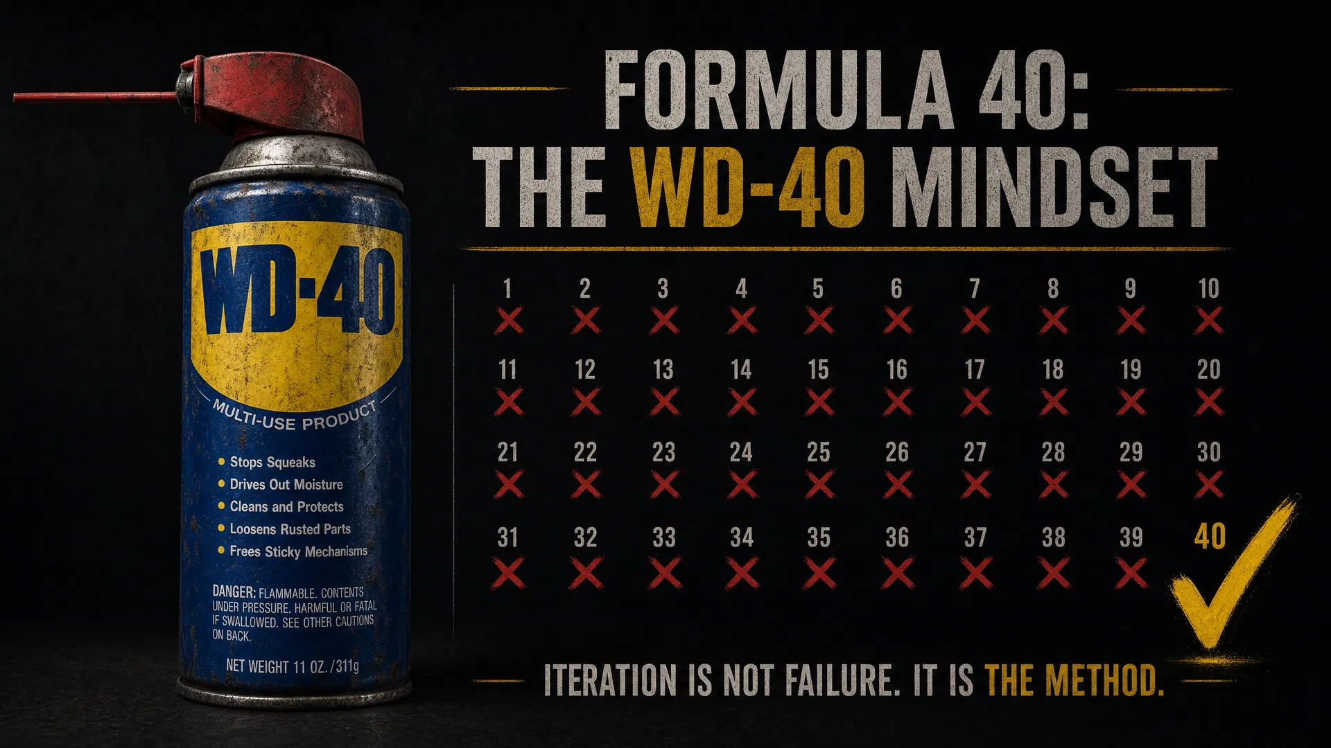 Amber-toned industrial close-up of a WD-40 can symbolising the Formula 40 mindset — that iteration is not failure but the method, representing the 40-attempt philosophy for CEOs building scalable business systems