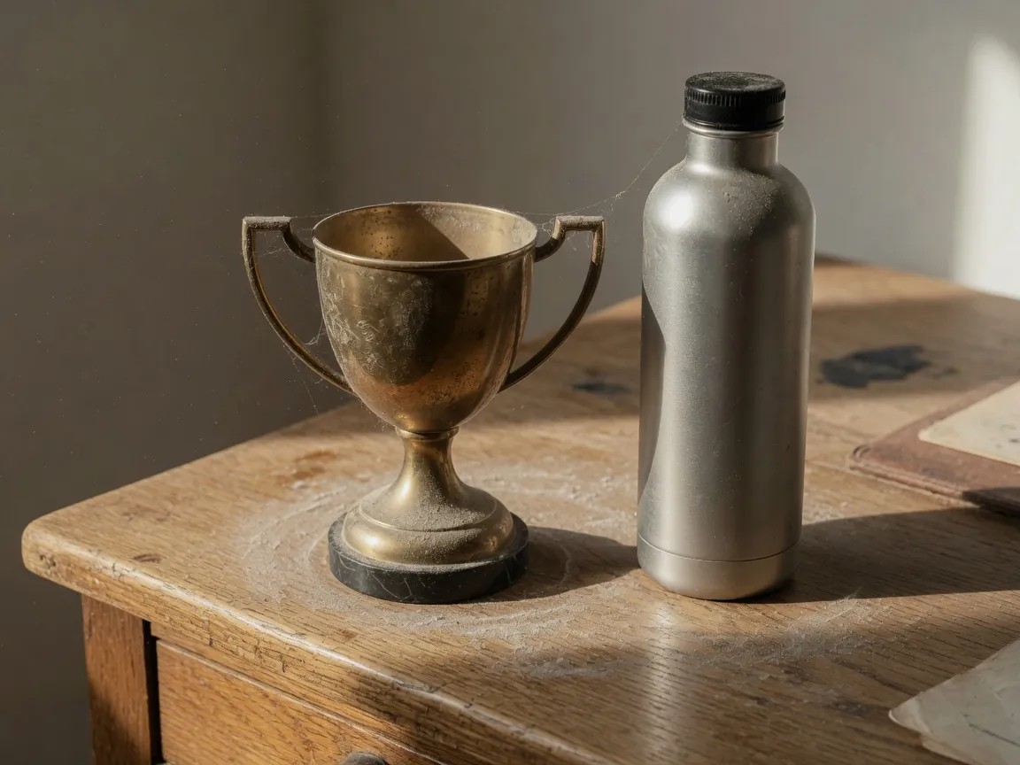 Dusty brass trophy beside a still-handsome stainless bottle on an oak desk — a forgotten winner that still has proof of demand