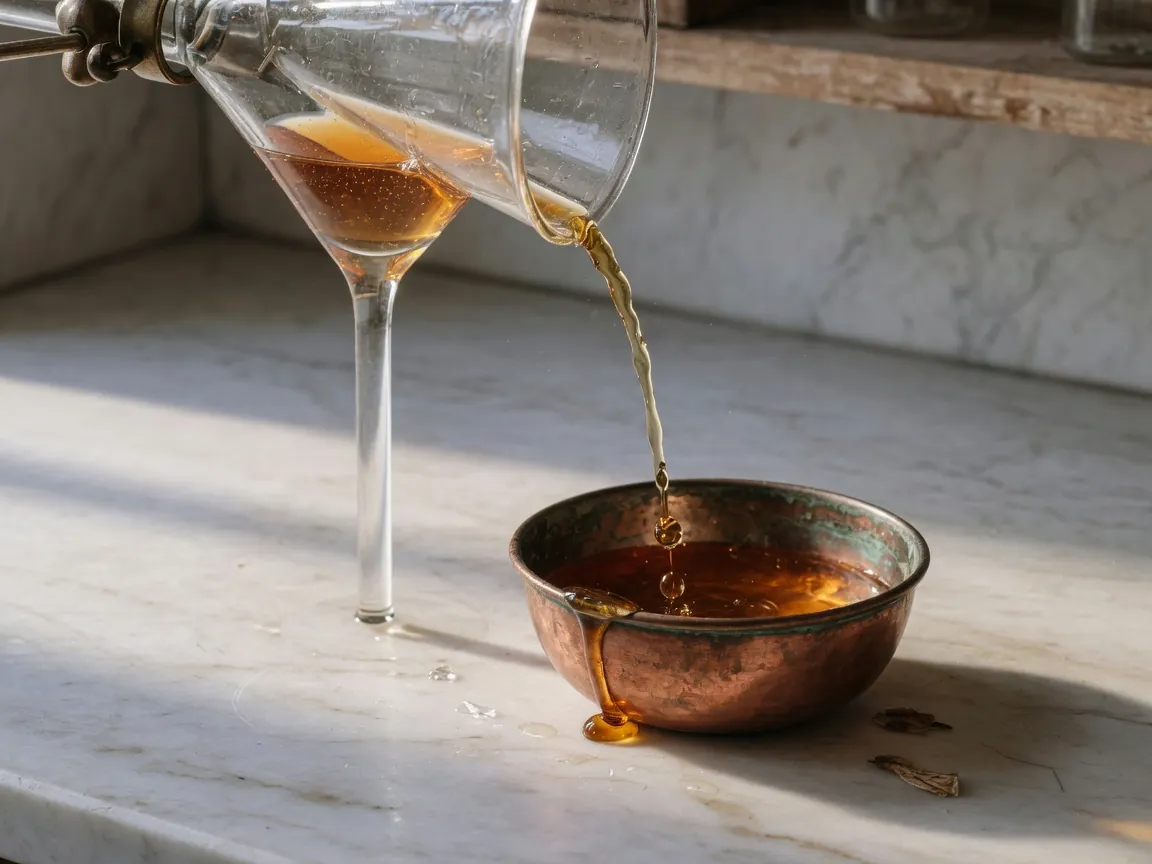 Glass funnel pouring amber liquid into a copper bowl that is already overflowing — demand leaking through the sales funnel