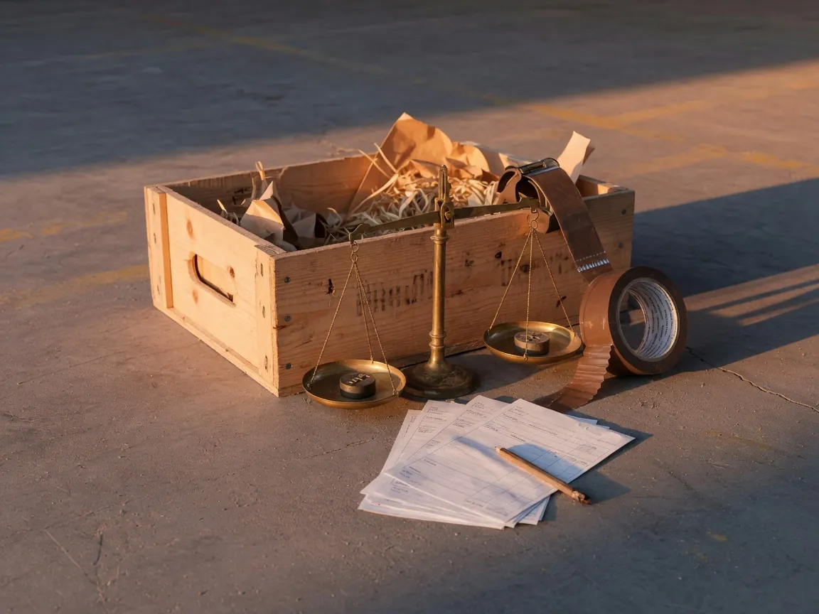 Wooden crate, brass scale, packing tape, and shipping slips on a warehouse floor — inventory is a marketing KPI