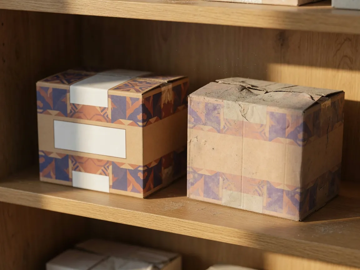 Two product boxes on an oak shelf — one clean and inviting, one faded and dusty — a digital-shelf merchandising problem