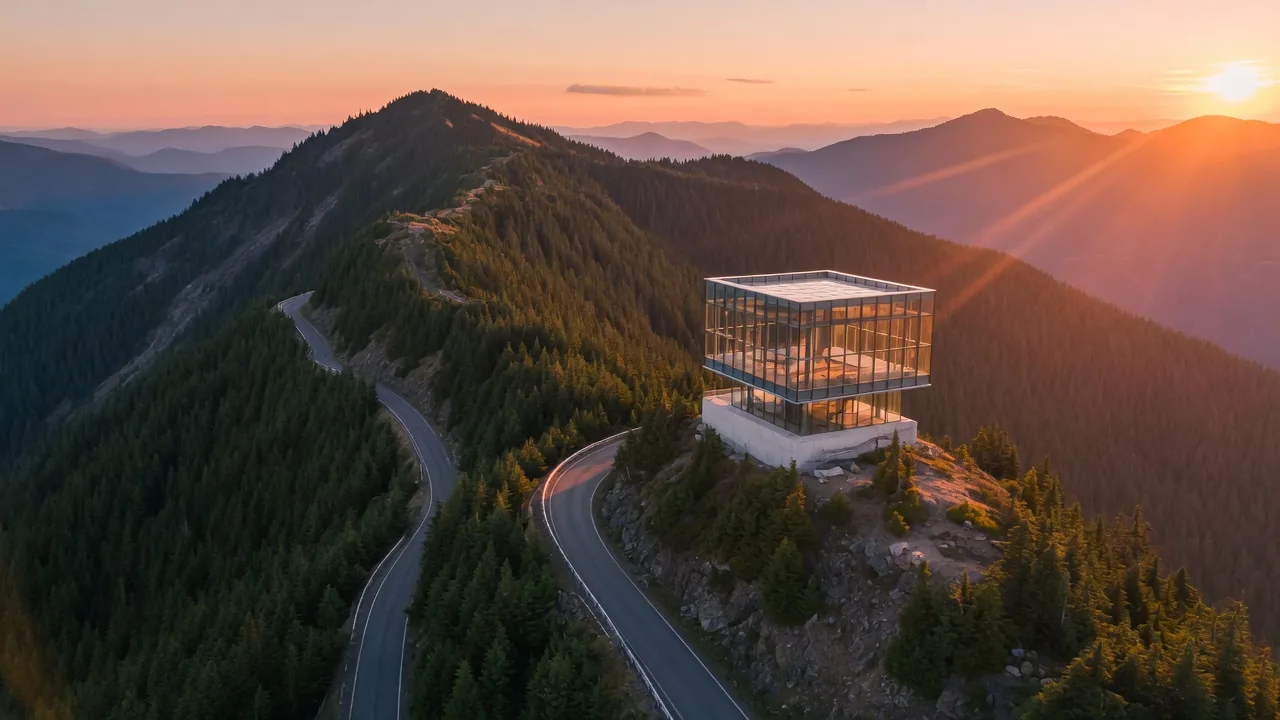Mountain switchback road at golden hour toward a glass overlook pavilion — clarity after choosing a direction