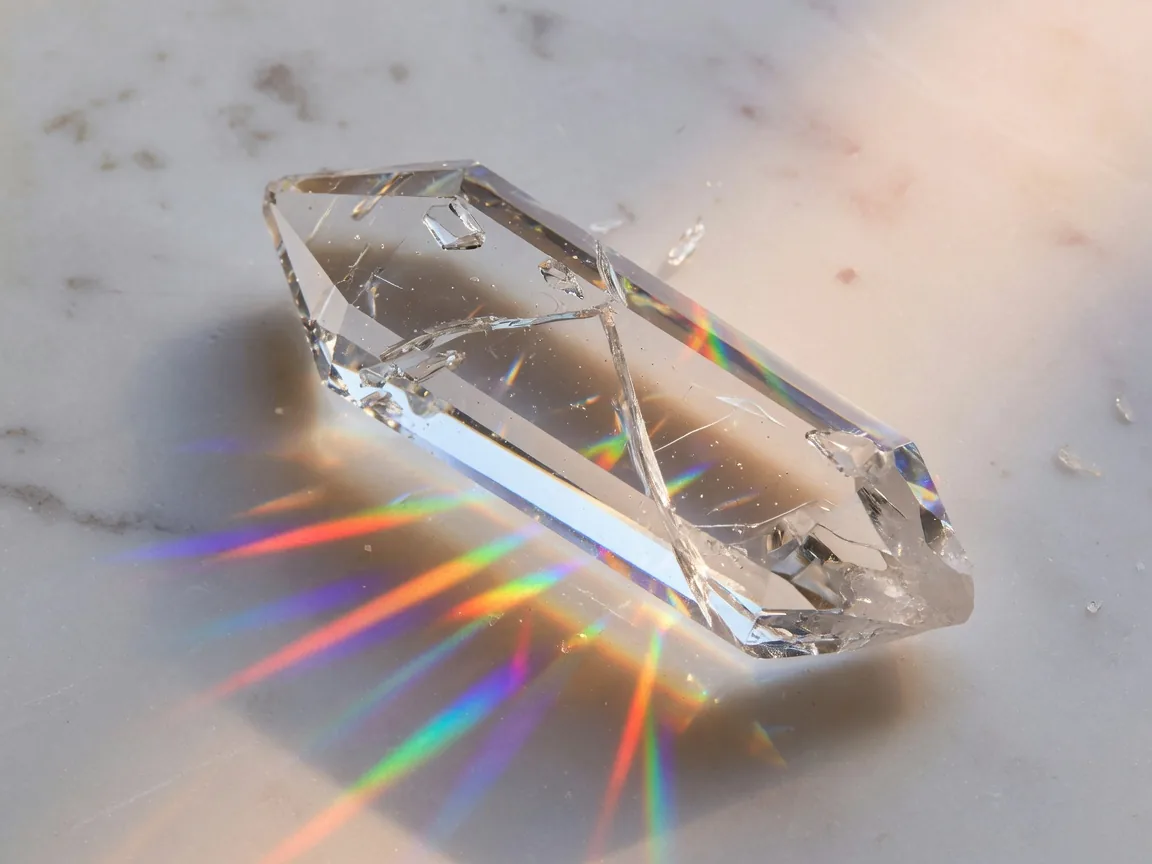 Fractured crystal prism on marble in soft daylight — unclear plans shatter good decisions