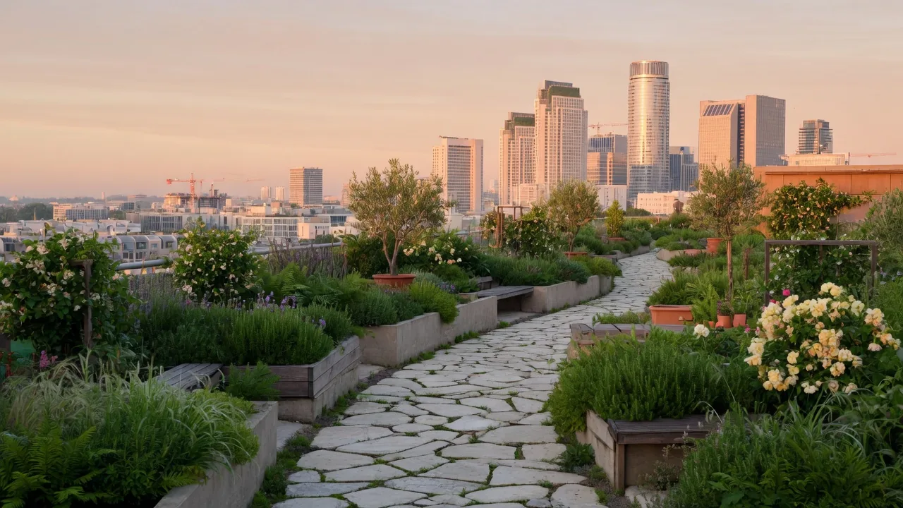 Rooftop garden path toward a sunlit city skyline at morning — progress after the plan becomes habit