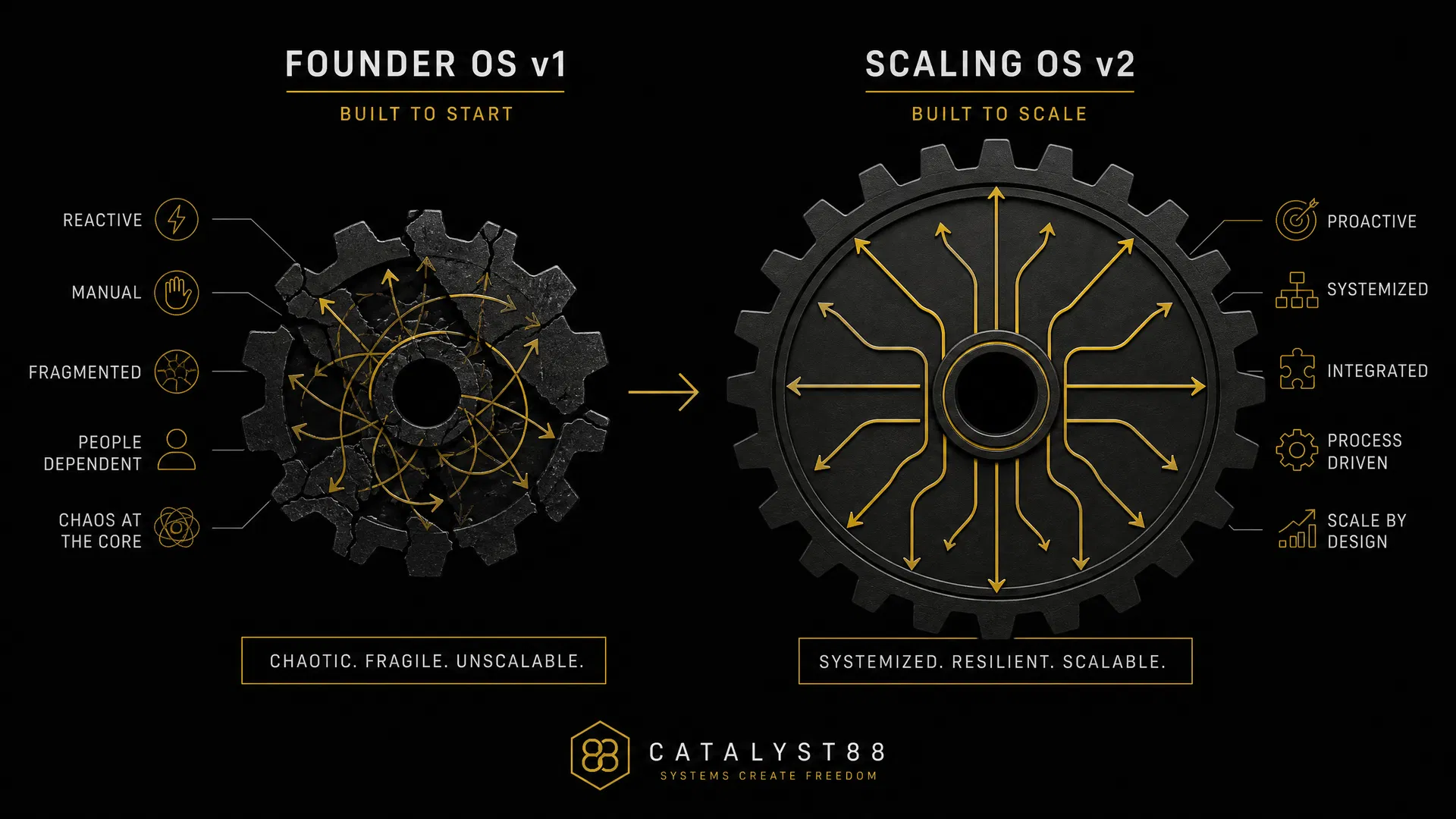 Dark infographic showing two mechanical gears: Founder OS v1 — small, cracked, chaotic — versus Scaling OS v2 — large, smooth, systematic — illustrating how the founder's operating system must evolve to support business growth past the messy middle