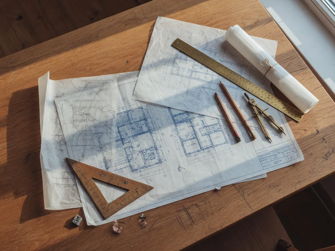 Architectural blueprints and drafting tools on an oak desk — building a selection framework