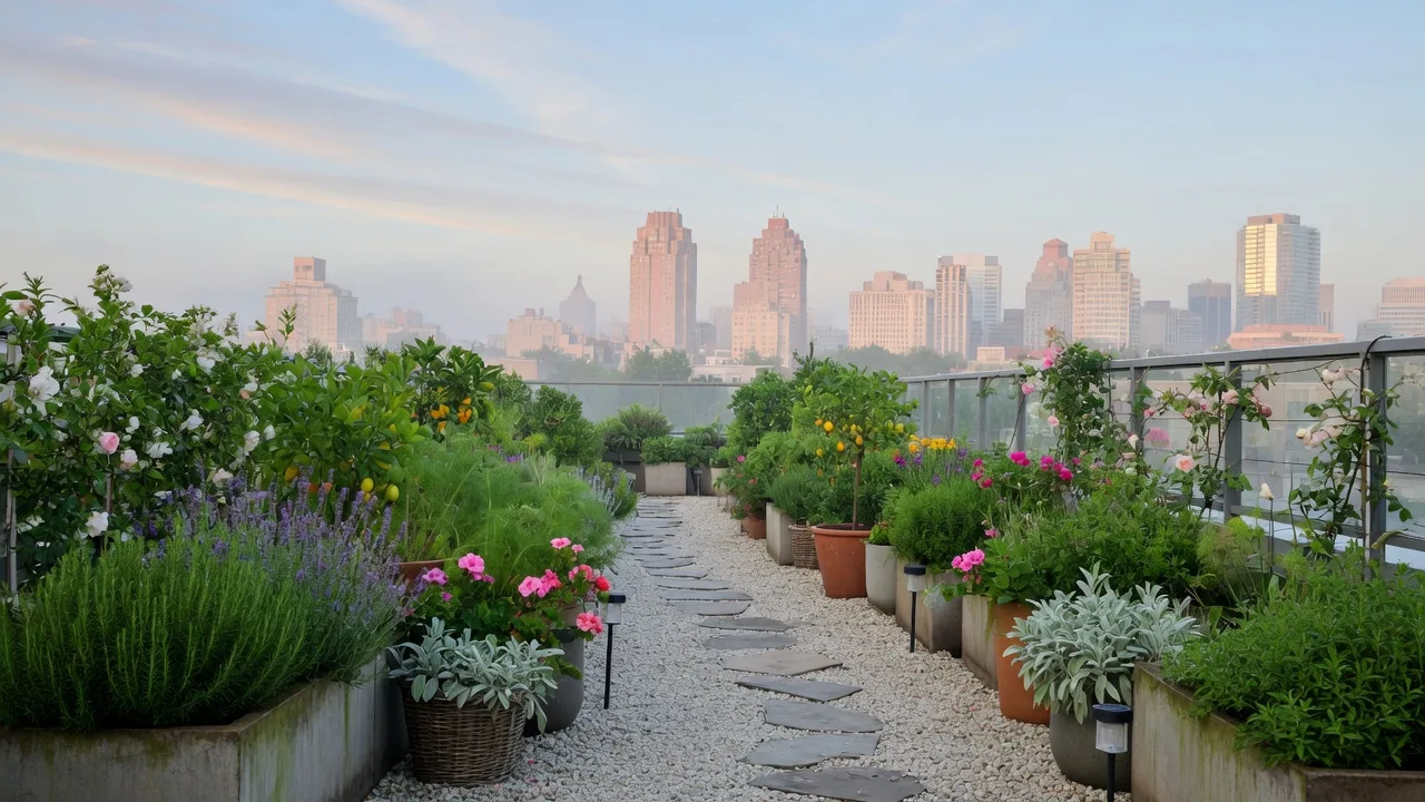 Rooftop garden path toward a city skyline at morning light — progress after choosing well