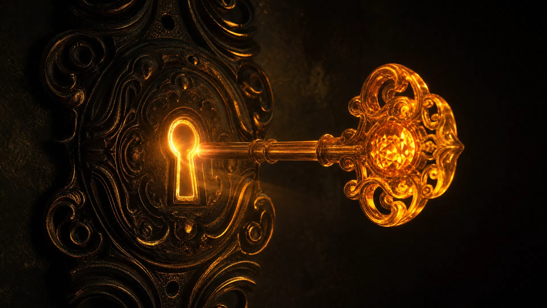 A glowing amber key approaching an ornate dark lock with golden light emanating from the keyhole, symbolising unlocking readiness and the moment of commitment before a major strategic inflection point