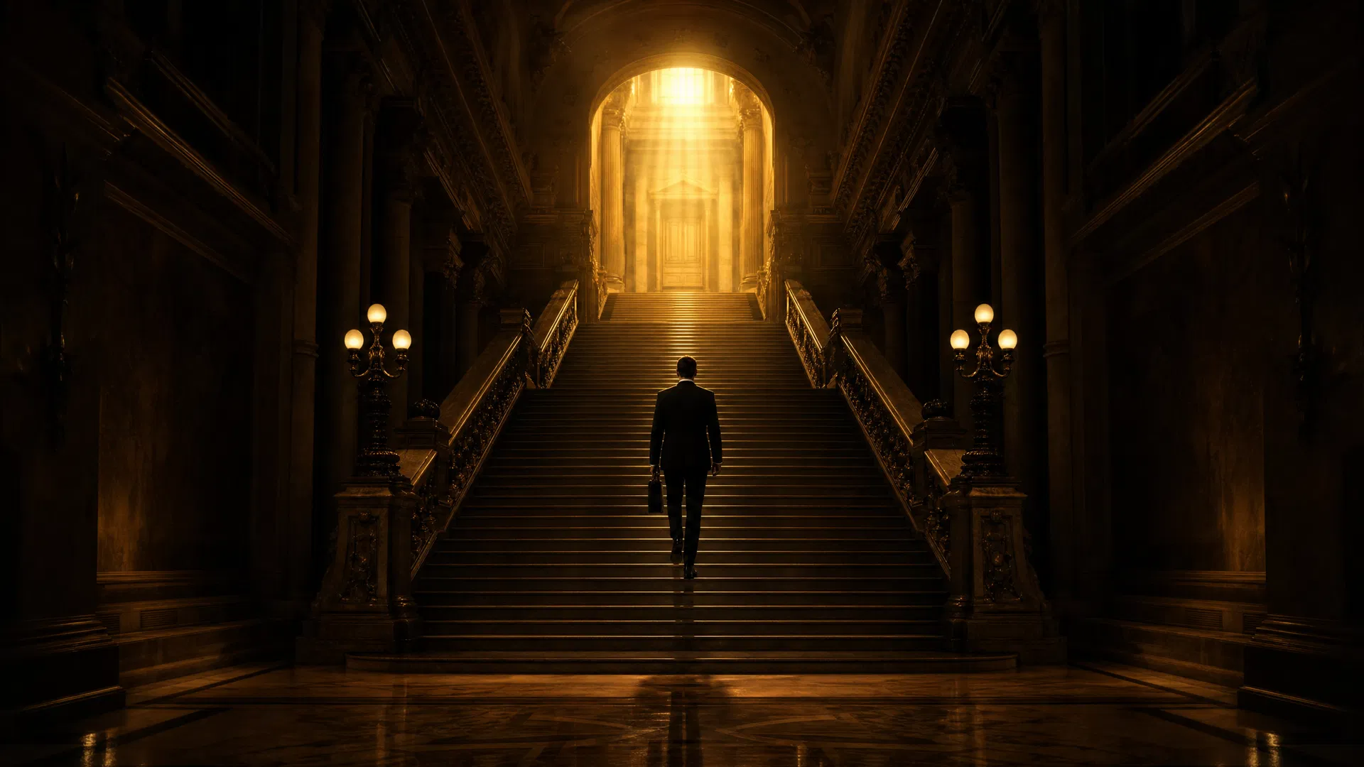 A lone figure ascending a grand monumental staircase toward a golden archway of light, symbolising high-stakes career transition and the path to new executive responsibility