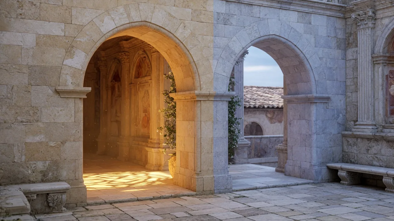 Two limestone archways in warm and cool light — choosing between mentor, coach, and peer-group paths