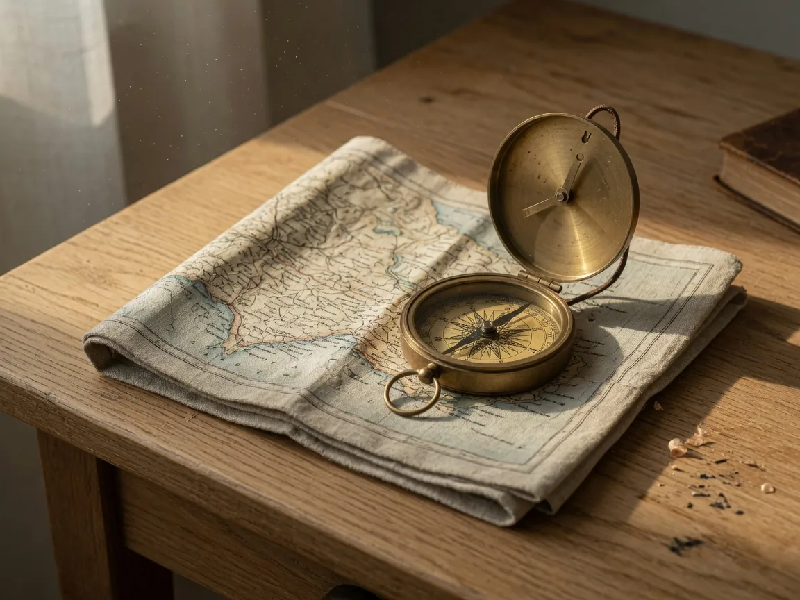 Brass compass and linen map on oak under soft morning light — mapping where real mentors actually are