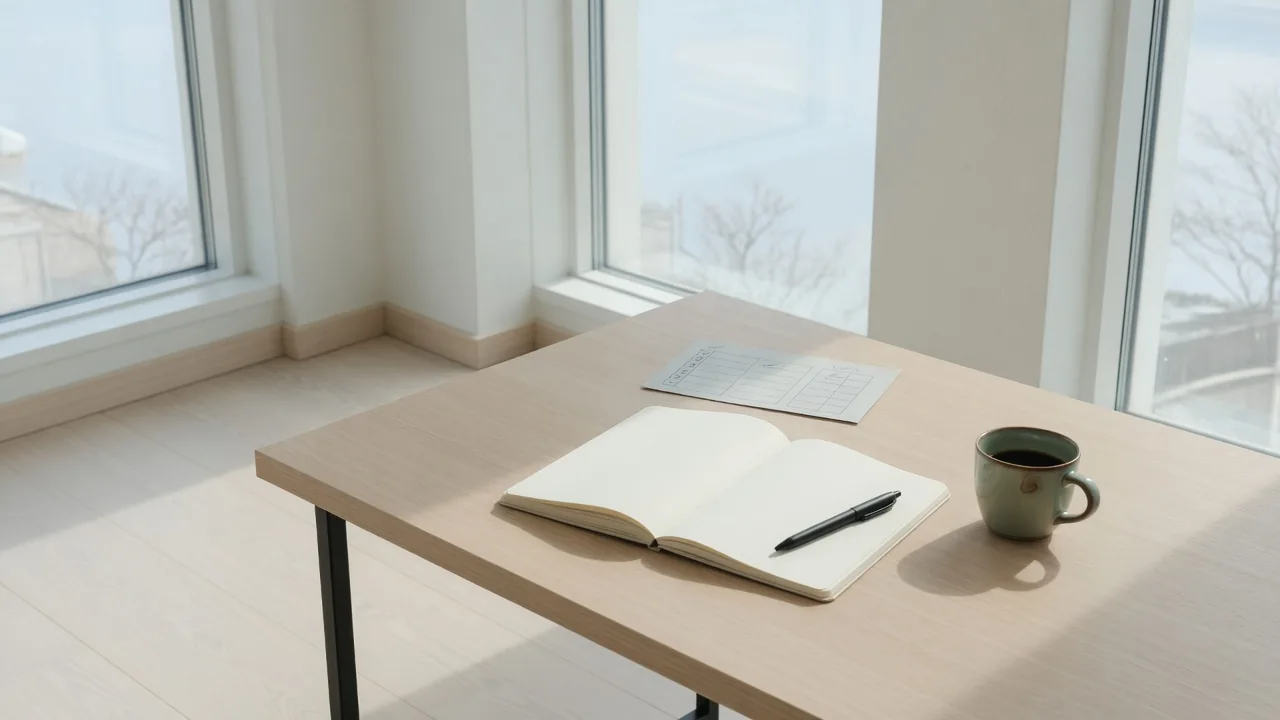 Daylit founder’s desk with open notebook, coffee, and a single decisive checklist — turning advice into action