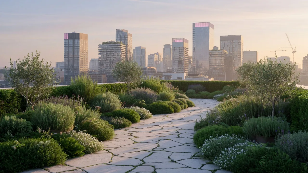 Rooftop garden path toward a sunlit city skyline at morning — progress after finding the right mentor