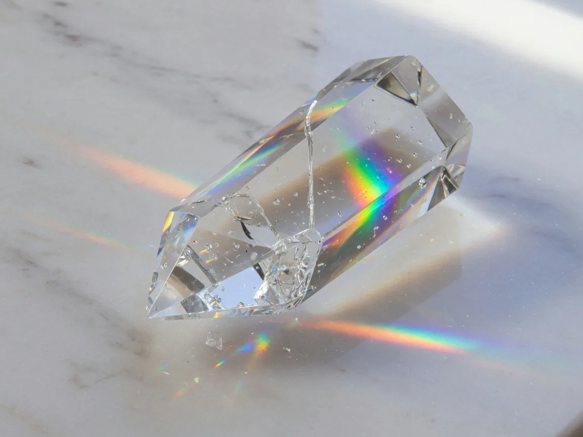 Fractured crystal prism in soft daylight on marble — unclear mentor criteria shatter good judgment