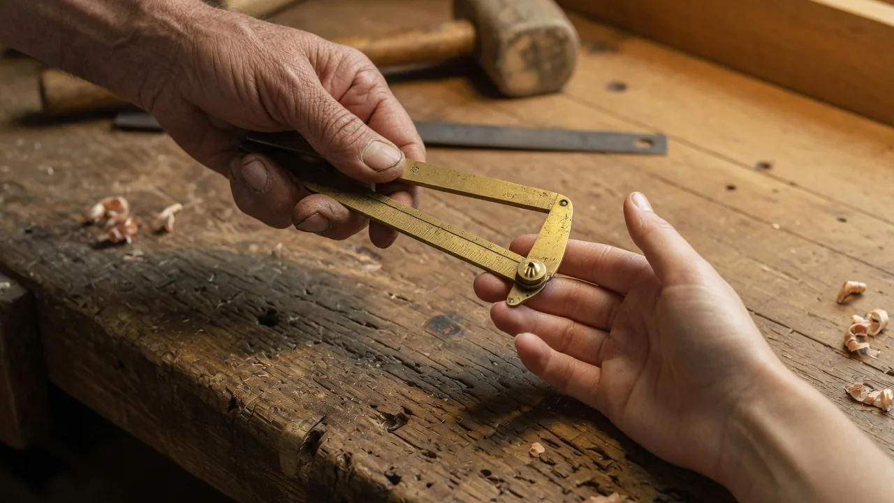 Weathered hand passing brass calipers to a younger hand over a workbench — apprenticeship, not content