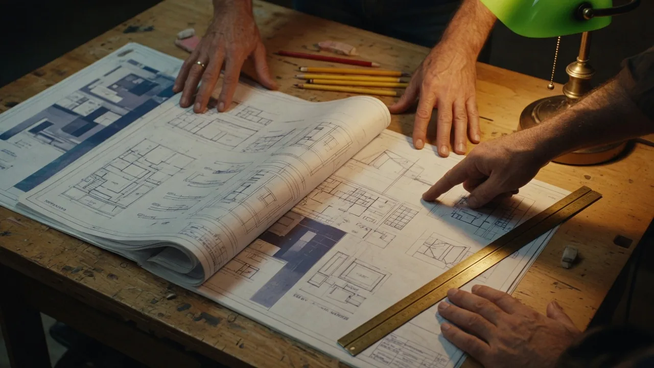 Two pairs of hands reviewing architectural blueprints on a drafting table — pattern matching in founder mentoring