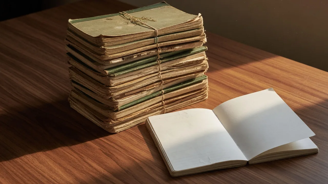 Stack of worn field notebooks beside one blank open page — decades of scars compressed into a usable page