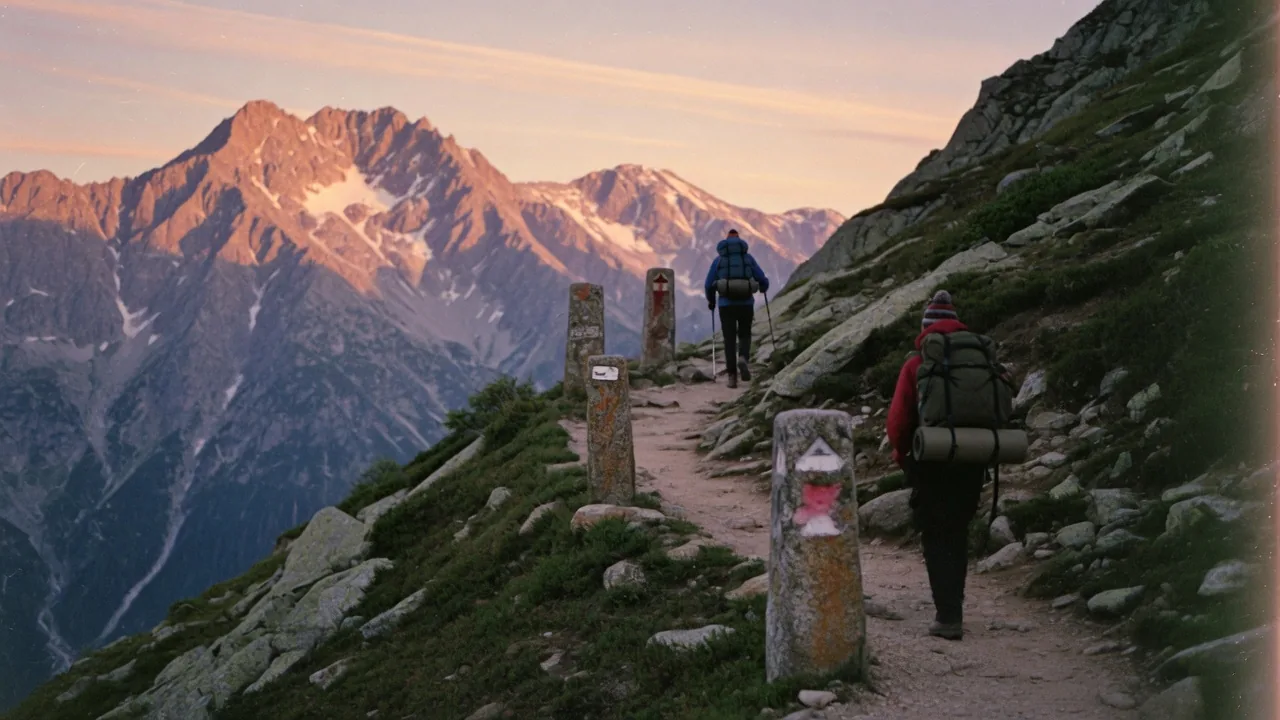 Mountain trail with old stone markers and two hikers at different distances — a path someone has already walked