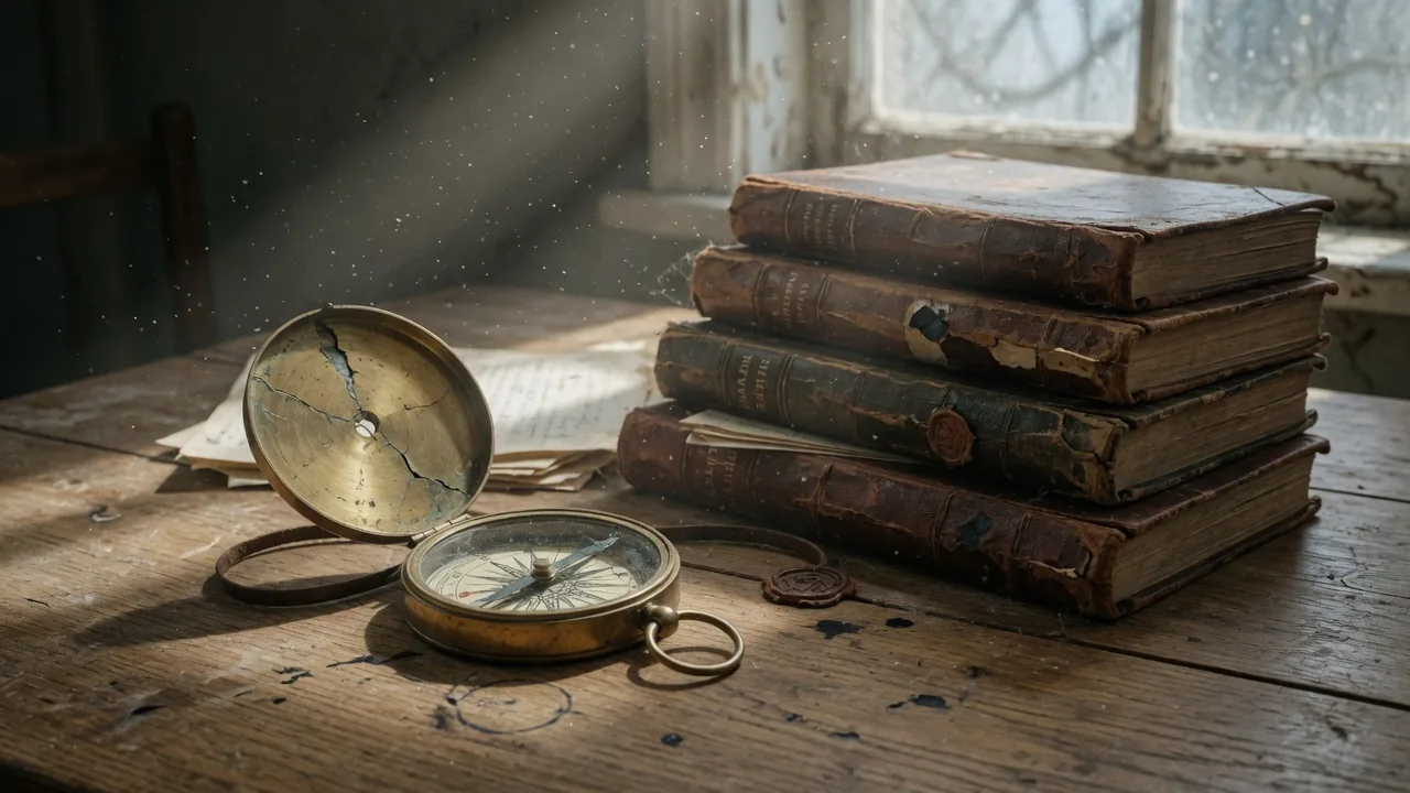 Cracked brass compass and stacked leather ledgers on oak — the tuition founders pay for unmentored lessons
