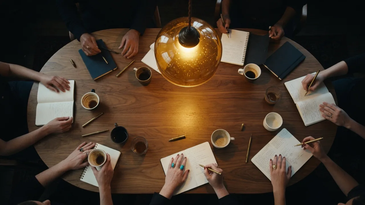 Round oak table with three empty chairs at different distances from the light — three rooms, three jobs