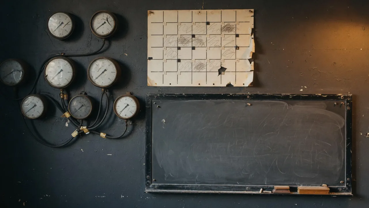 Dark studio wall with analog gauges and an unmarked operating board — a mastermind scoreboard