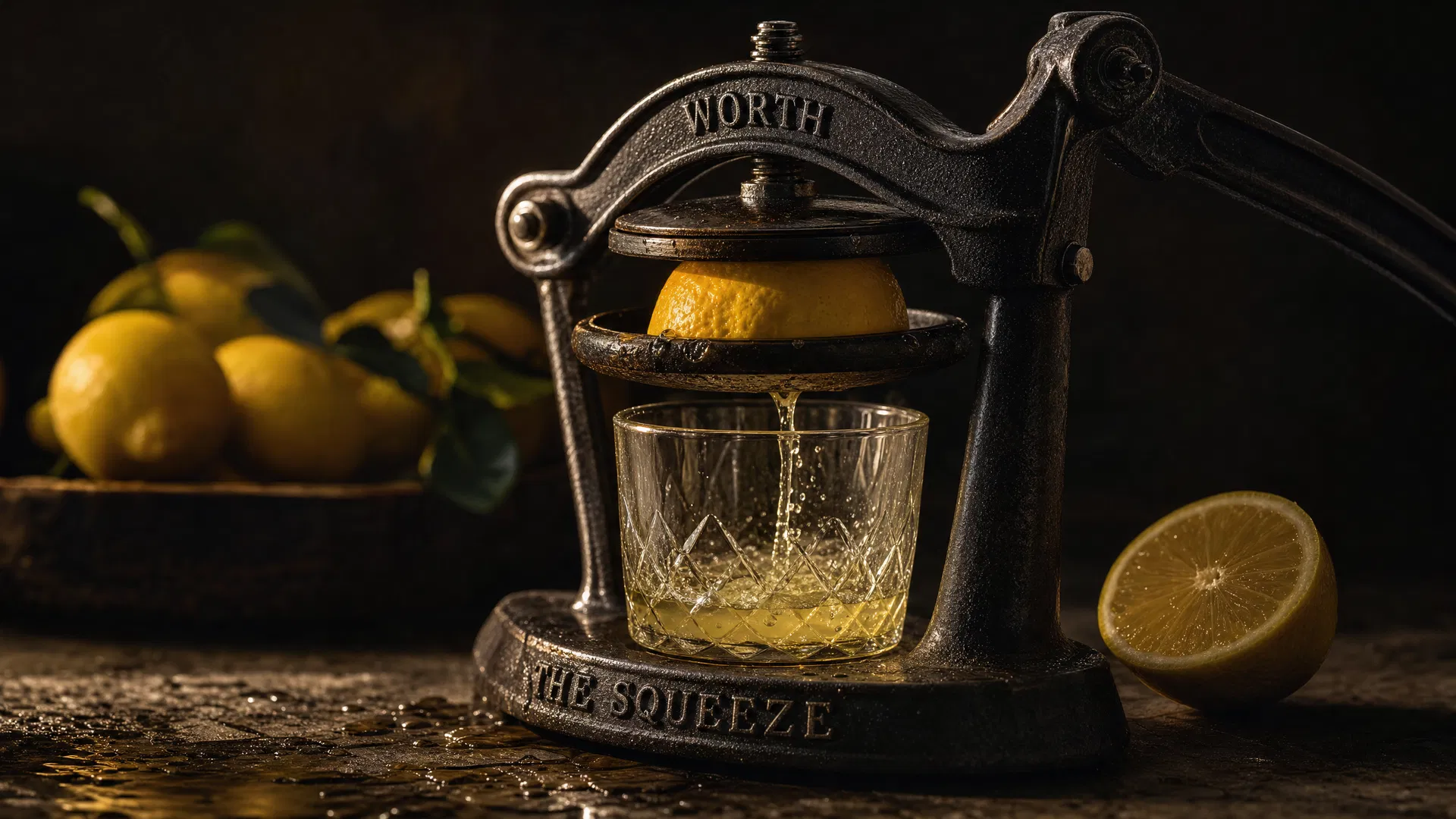 Cinematic close-up of a vintage cast-iron lemon press on a dark stone surface with golden juice streaming into a crystal glass, symbolising the business principle of making sure the juice is worth the squeeze when evaluating payment terms and cash flow strategy