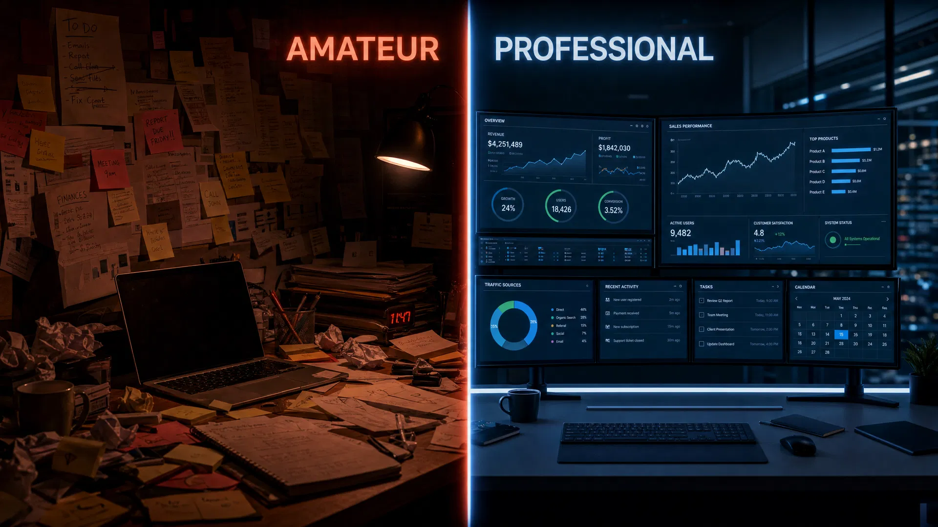 Split composition showing Amateur versus Professional — left side shows a chaotic cluttered desk with sticky notes and stress under dim red-orange light, right side shows a sleek professional control room with multiple monitors displaying clean dashboards under cool blue-white light, illustrating the difference between building systems versus relying on heroics in business