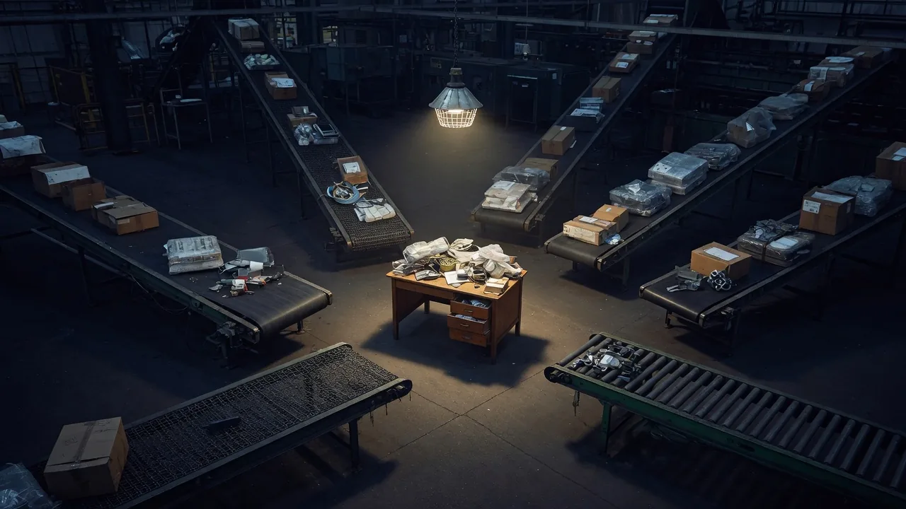 Warehouse conveyor belts all feeding a single small desk — the founder as bottleneck