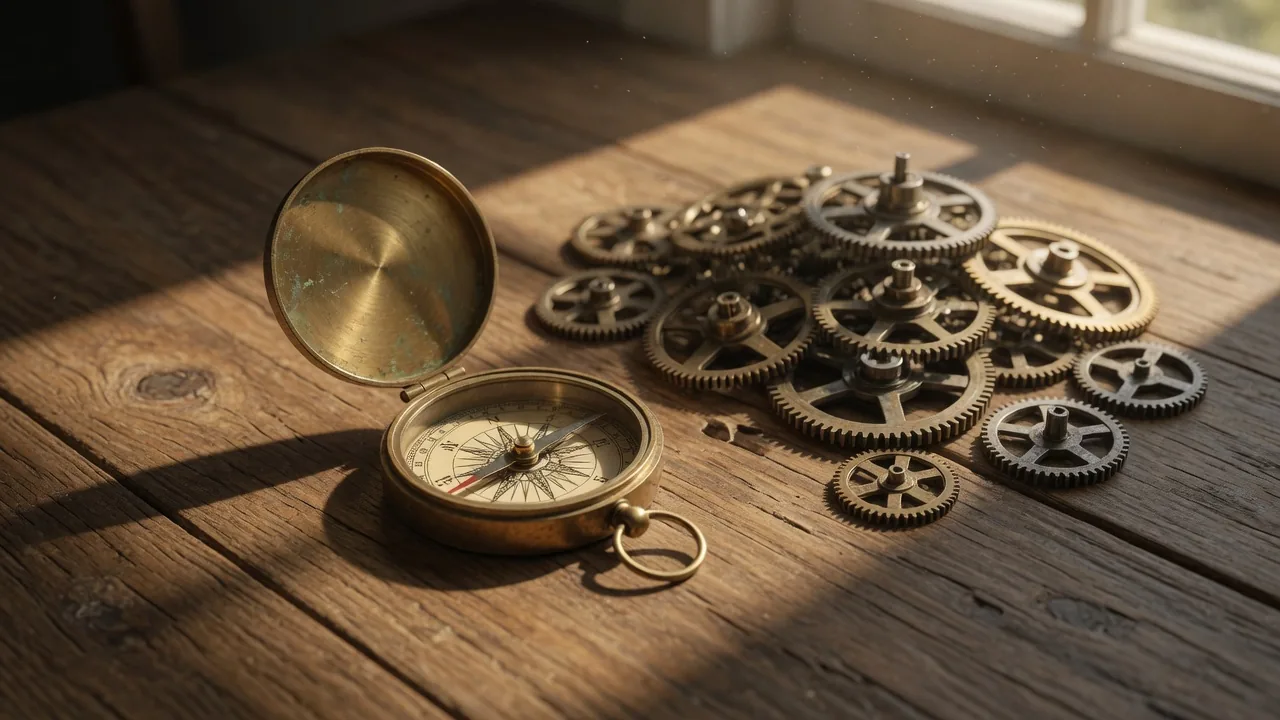 Brass compass on oak beside idle machine gears — direction versus busy motion