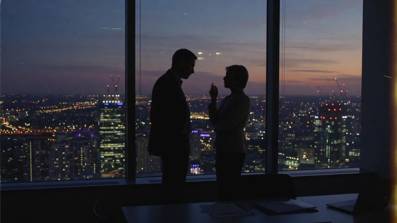 Two figures in silhouette at a high-rise window at twilight — a confidential CEO coaching conversation