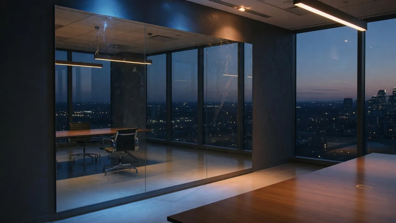 Architectural mirror in an empty boardroom reflecting a single chair — the founder’s unchallenged view