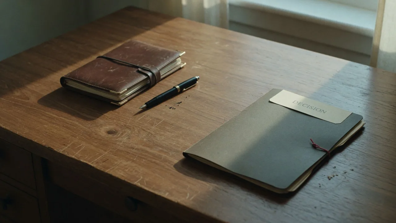 Sparse walnut desk with one notebook and one decision folder — subtraction as a coaching outcome